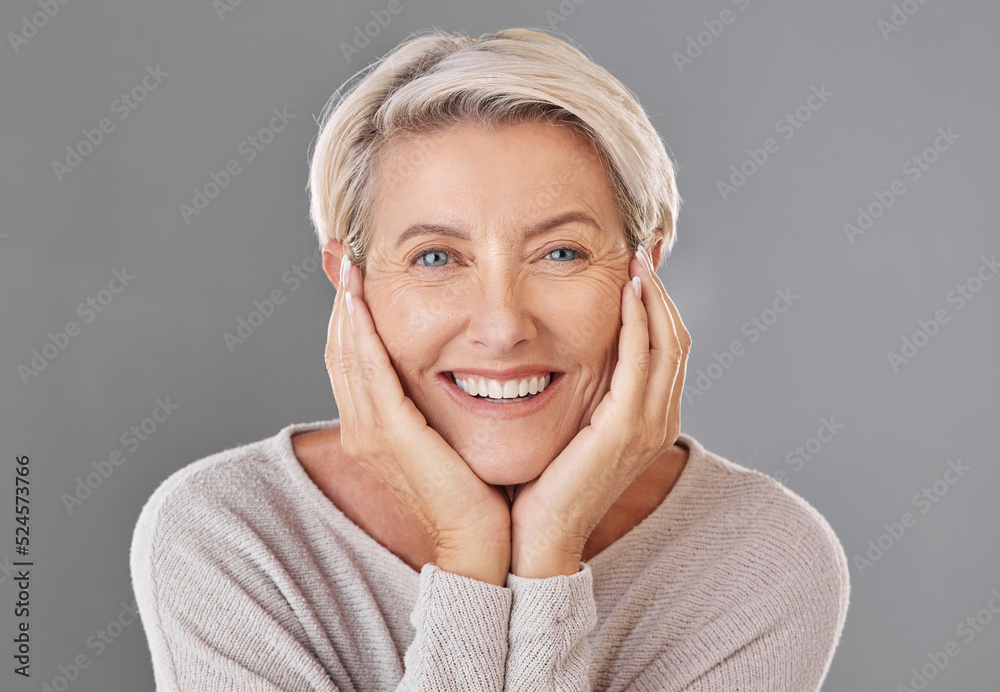 Portrait of woman showing beauty skincare with smile, happiness with dental health and face of healthy elderly person in retirement. Headshot of woman model with cosmetics, skin wellness and hair Portrait of woman showing beauty skincare with smile, happiness with dental health and face of healthy elderly person in retirement. Headshot of woman model with cosmetics, skin wellness and hair