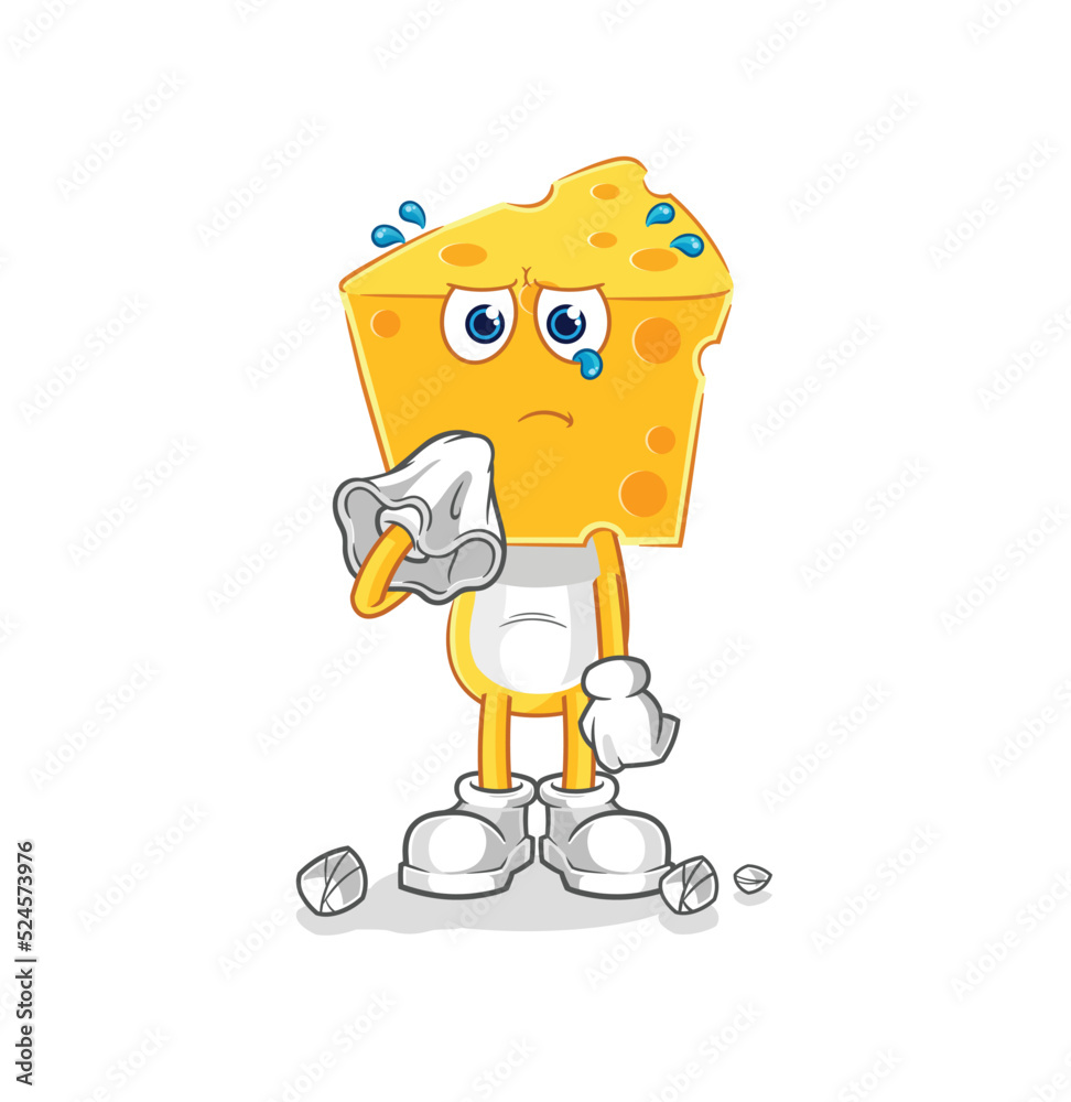 cheese head cry with a tissue. cartoon mascot vector