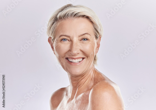 Skincare of senior woman in a beauty face portrait for hygiene  body care and cosmetic treatment on studio background. Happy anti aging senior model with big smile for wrinkle free skin care routine