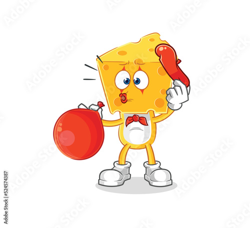 cheese head pantomime blowing balloon. cartoon mascot vector
