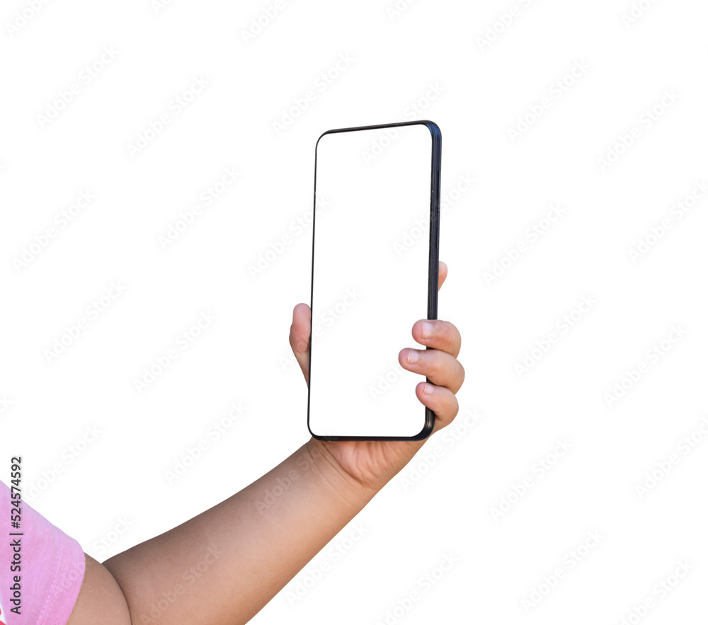 Child hand holding smartphone with blank screen on transparent background - PNG format.