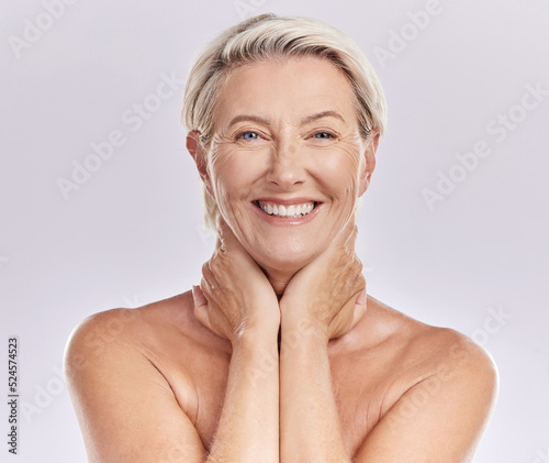 Skincare, bodycare and face of a mature woman with wrinkles and anti aging beauty hygiene routine. Portrait of happy senior lady with a healthy, wellness and self care lifestyle in a studio. photo
