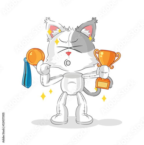 cat winner with trophie. cartoon character
