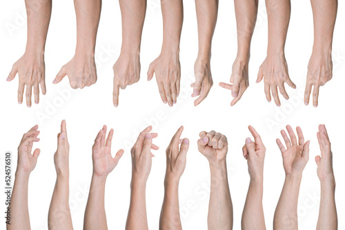 Set of Man hand gestures isolated on transparent background - PNG format.