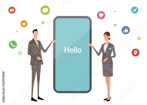 ベクターイラスト素材：スマホを紹介する男女
