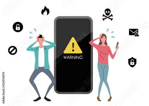ベクターイラスト素材：スマホのトラブルに困る男女
