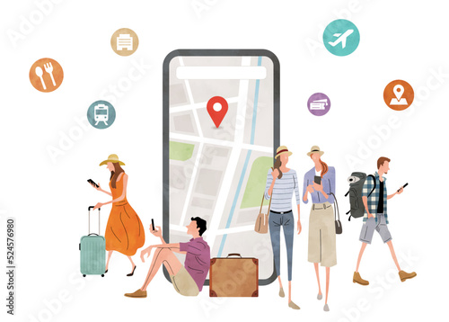 ベクターイラスト素材：スマホで地図を確認する人々、旅行者
