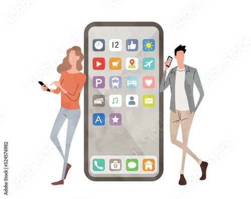 ベクターイラスト素材：スマホを使う男性と女性

