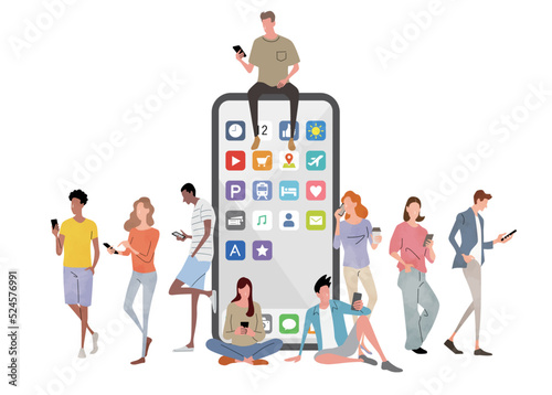 ベクターイラスト素材：日常生活でスマホを使う人々
