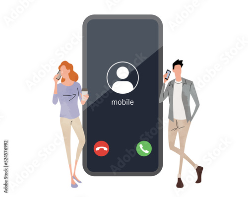 ベクターイラスト素材：スマホで電話をかける男女
