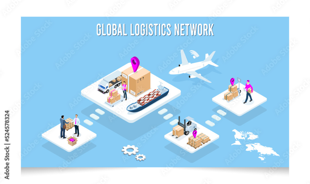 3D isometric Global logistics network concept with transport, export, import, cargo and more.