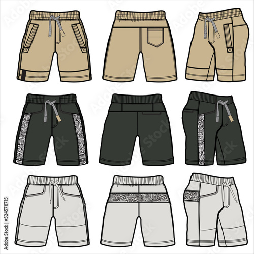 flat sketch set of man elastic waist drawstring shorts vector illustration.