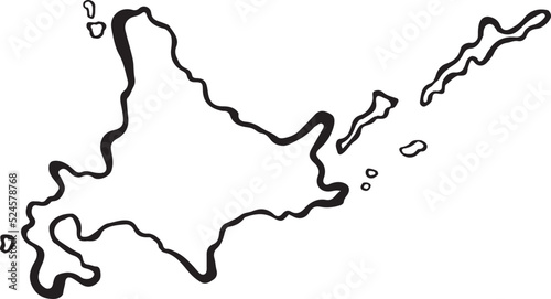 筆で描いた北海道の地図。島あり、白塗り、コピースペースあり。