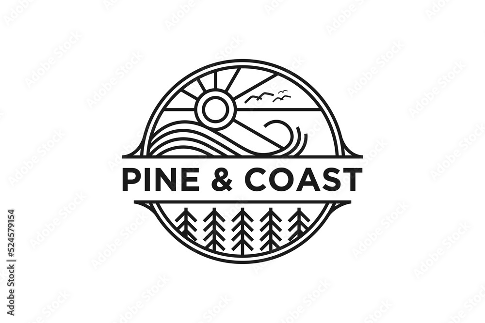 Pine tree coast beach logo design line style emblem badge Pine tree coast beach logo design line style emblem badge