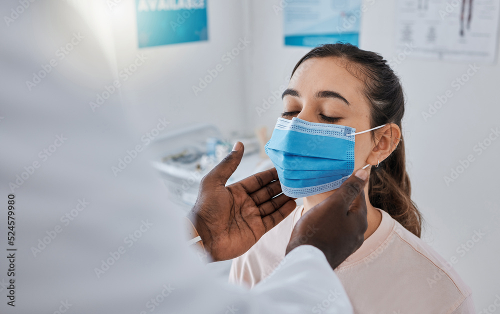 Female patient in thyroid exam from doctor, checking throat for covid virus in gp appointment or medical checkup in hospital. Woman with health insurance and face mask getting healthcare treatment