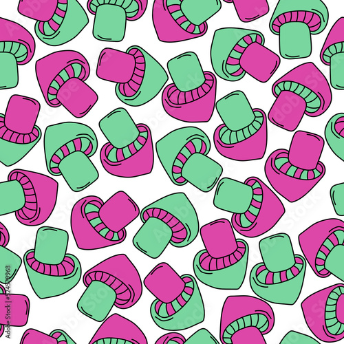 Stylish Mushrooms seamless pattern, pink-green cap mushrooms on a white background © SunnyColoring