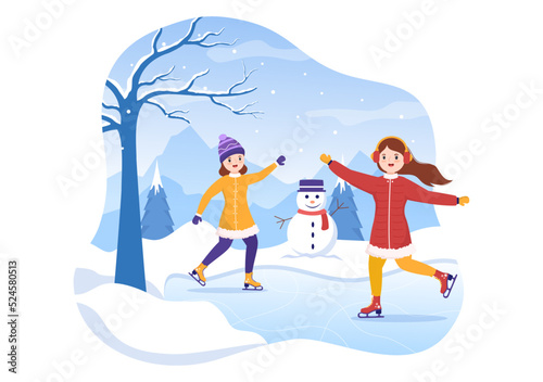 Ice Skating Hand Drawn Cartoon Flat Illustration of Winter Fun Outdoors Sport Activities on Ice Rink with Seasonal Outerwear