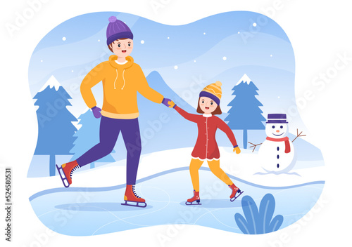 Ice Skating Hand Drawn Cartoon Flat Illustration of Winter Fun Outdoors Sport Activities on Ice Rink with Seasonal Outerwear