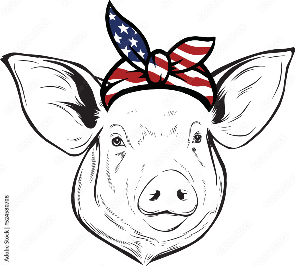 Pig vector eps , Pig in Bandana, sunglasses, Fourth , 4th July vector eps, Patriotic, USA Pig, Cricut Silhouette Cut File