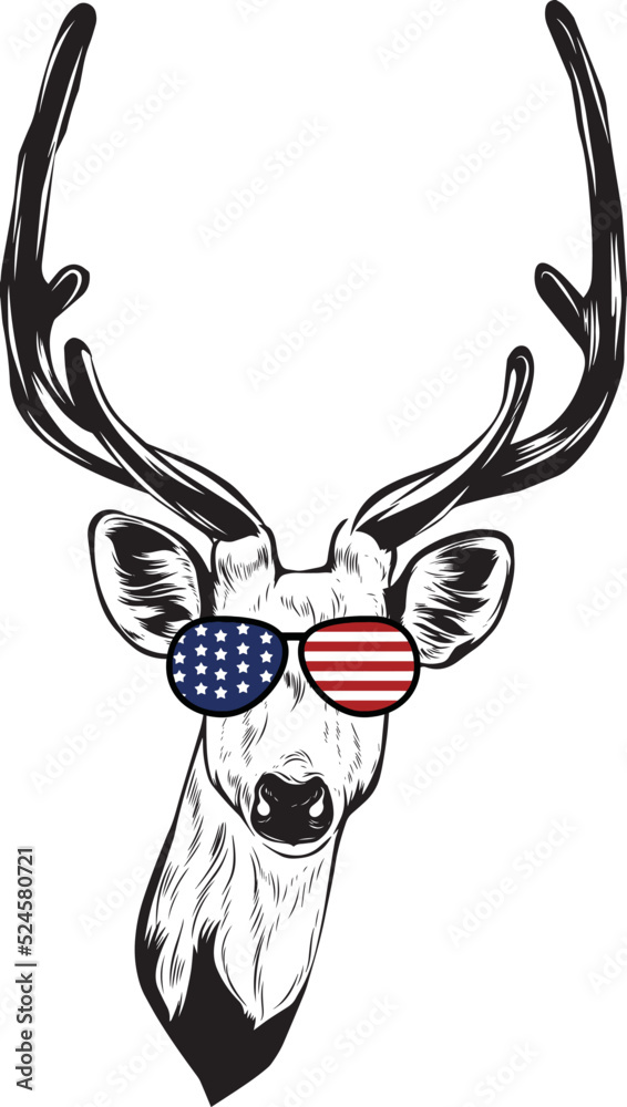 Fototapeta premium Deer vector eps , Deer in Bandana, sunglasses, Fourth , 4th July vector eps, Patriotic, USA Deer, Cricut Silhouette Cut File