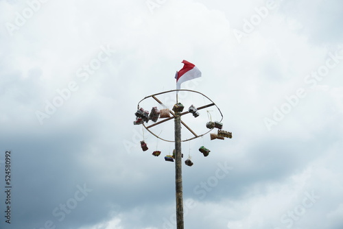 areca climbing competition when celebrating Indonesia's independence day by hanging gifts on a pole from a areca tree