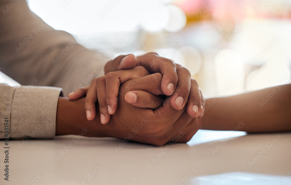 Married couple holding hands showing love, support and care or trust in difficult time, grief or sad loss. People touching hand for empathy, help and comfort in mental health, depression or bad news - obrazy, fototapety, plakaty 
