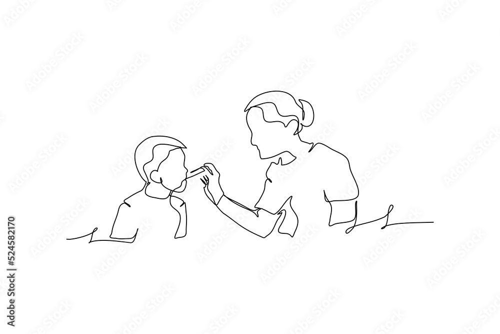 One continuous line a mother feeds her son. Minimalist style vector illustration in white background. One continuous line a mother feeds her son. Minimalist style vector illustration in white background.