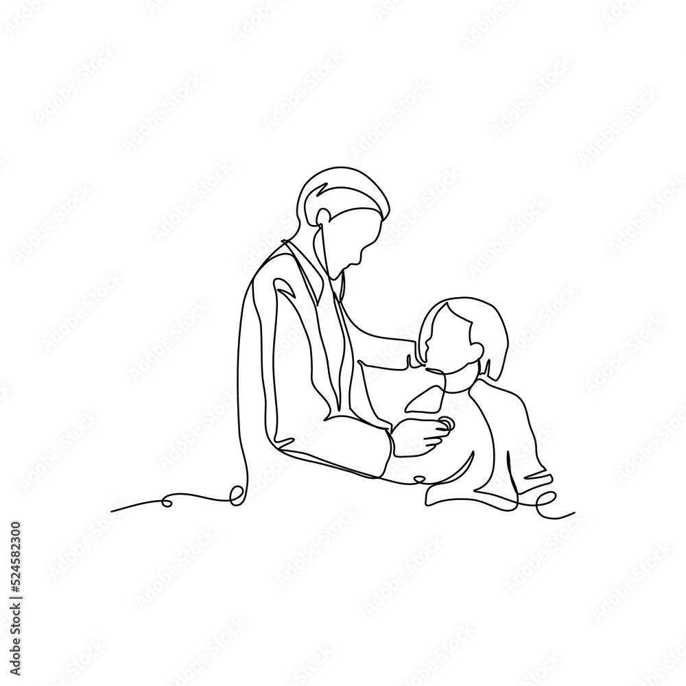 One continuous line a girl being examined by a doctor. Minimalist style vector illustration in white background. One continuous line a girl being examined by a doctor. Minimalist style vector illustration in white background.