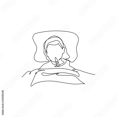 One continuous line of a girl sleeping because fever. Minimalist style vector illustration in white background.