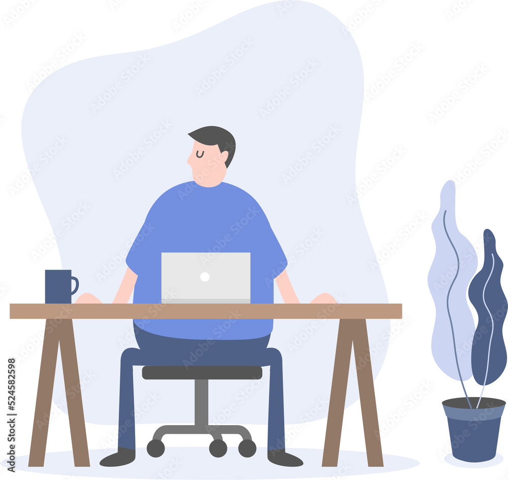Man at the desktop with a laptop. Freelancer or office worker cartoon character.