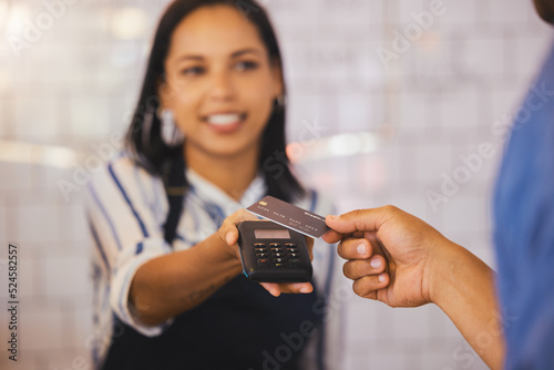 Canvas-taulu Credit card, payment and customer with an electronic reader in the hand of a cashier to process a fintech purchase or money spend