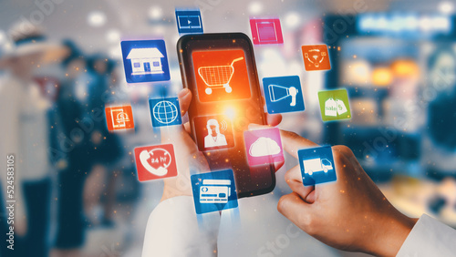 Omni channel technology of online retail business approach. Multichannel marketing on social media network offer service of internet payment channel, online retail shopping and omni digital app photo