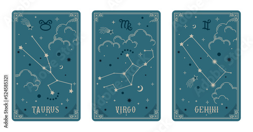 Taurus Virgo and Gemini zodiac symbols surround clouds, stars, luxury, esoteric, and boho styles. Fit for paranormal, tarot readers, and astrologers