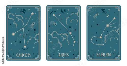 Cancer Aries and Scorpio zodiac symbols surround clouds, stars, luxury, esoteric, and boho styles. Fit for paranormal, tarot readers, and astrologers