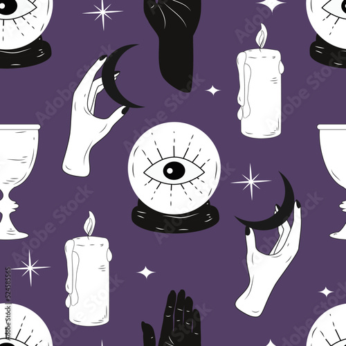 vector seamless pattern in a flat style on the theme of halloween, witchcraft and magic. pattern with magic balls - predictors, candles and hands