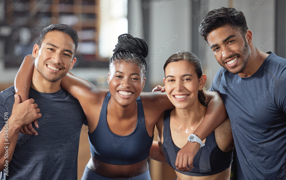 Fitness, workout group, team or people in a happy portrait for