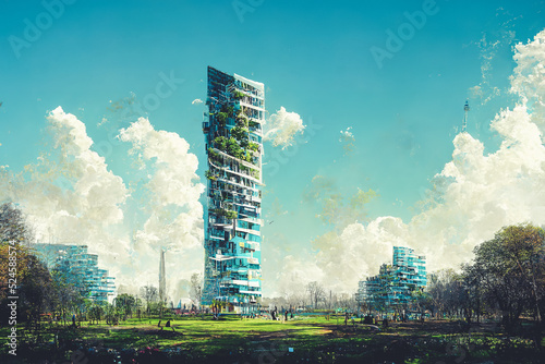 Spectacular eco futuristic cityscape abundant in vegetation features skyscrapers buildings and green park. Green garden in modern city and society. Digital art 3D illustration. photo