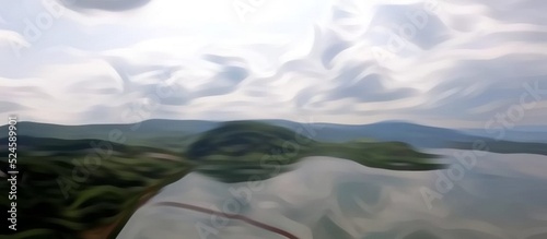 ilustrasi blurred dari pemandangan sebuah danau yang dikelilingi perbukitan dengan awan putih di langit 