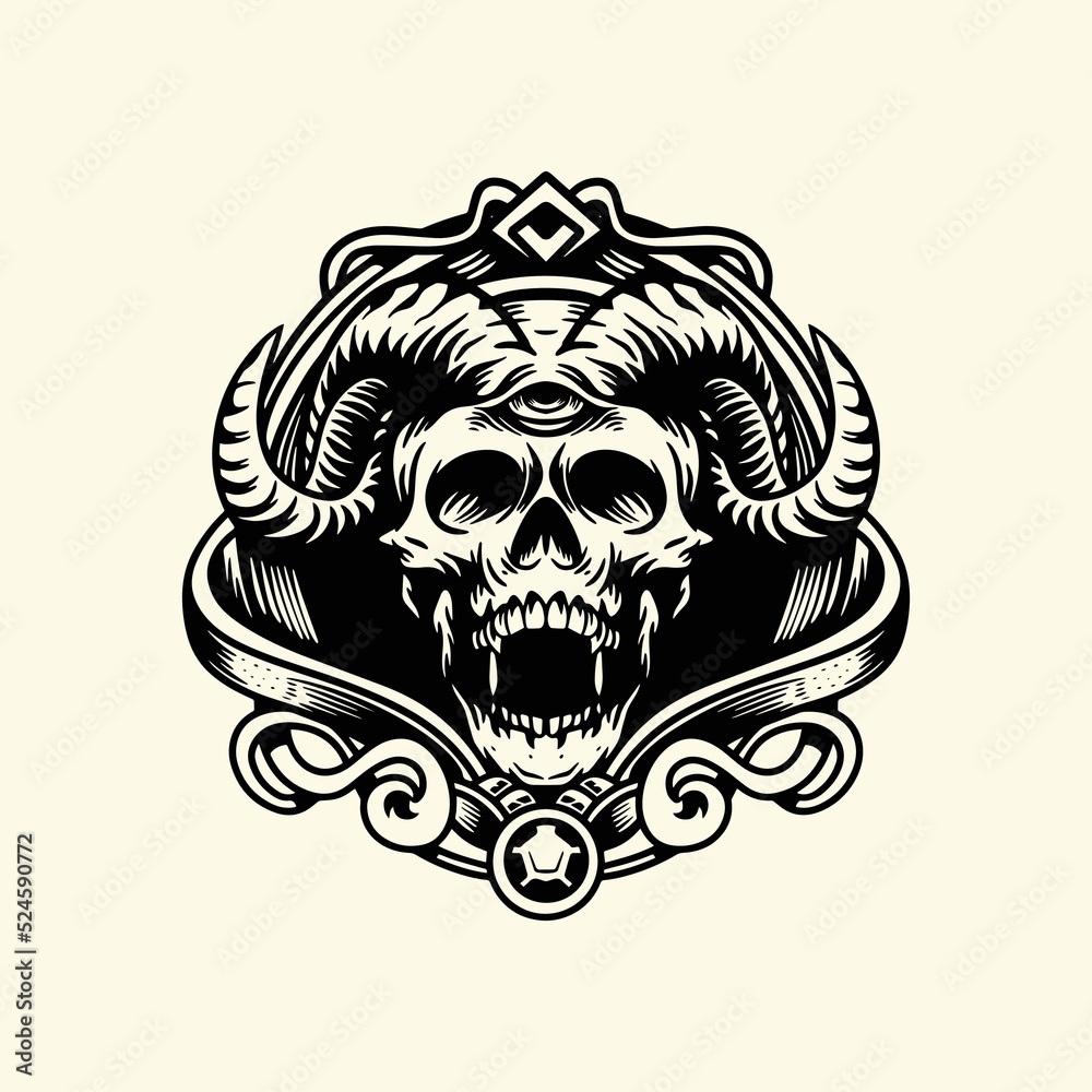 Round emblem vector skull head, badge, label, logo or t-shirt print with monochrome vintage style horns, white background.