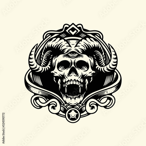 Round emblem vector skull head, badge, label, logo or t-shirt print with monochrome vintage style horns, white background.