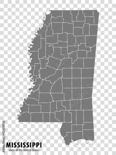 State Mississippi map on transparent background. Blank map of Mississippi with regions in gray for your web site design, logo, app, UI. USA. EPS10.