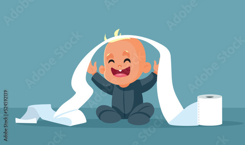 Baby Playing with Toilet Paper Vector Cartoon Illustration. Little infant creating a mess while left unsupervised 

