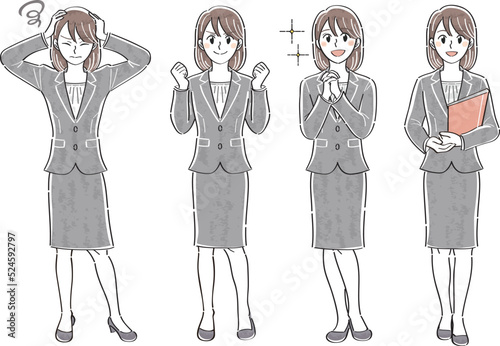 ビジネススーツの女性　表情ポーズの全身イラストセット（悩む　ガッツポーズ　憧れ　笑顔）