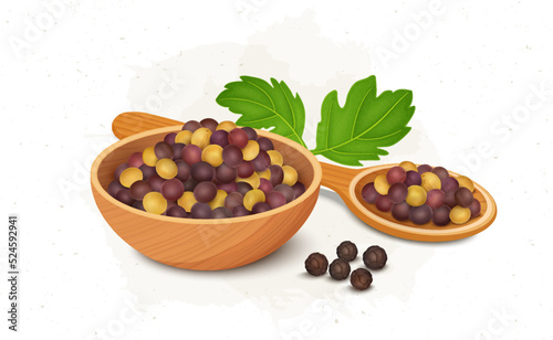 A Wooden bowl and a spoon full with mustard seeds and green leaves