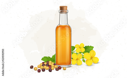 Mustard oil bottle with mustard seeds and flower vector illustration