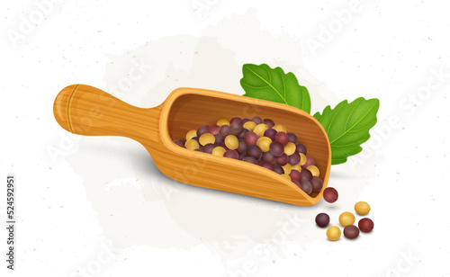 A wooden Spoon Full of red and yellow mustard seeds with green leaves
