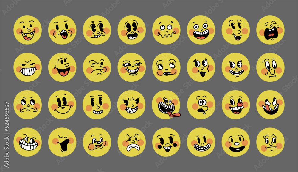 Smiley retro emoji. The faces of cartoon characters of the 30s big set. Vintage comic smile vector illustration Smiley retro emoji. The faces of cartoon characters of the 30s big set. Vintage comic smile vector illustration
