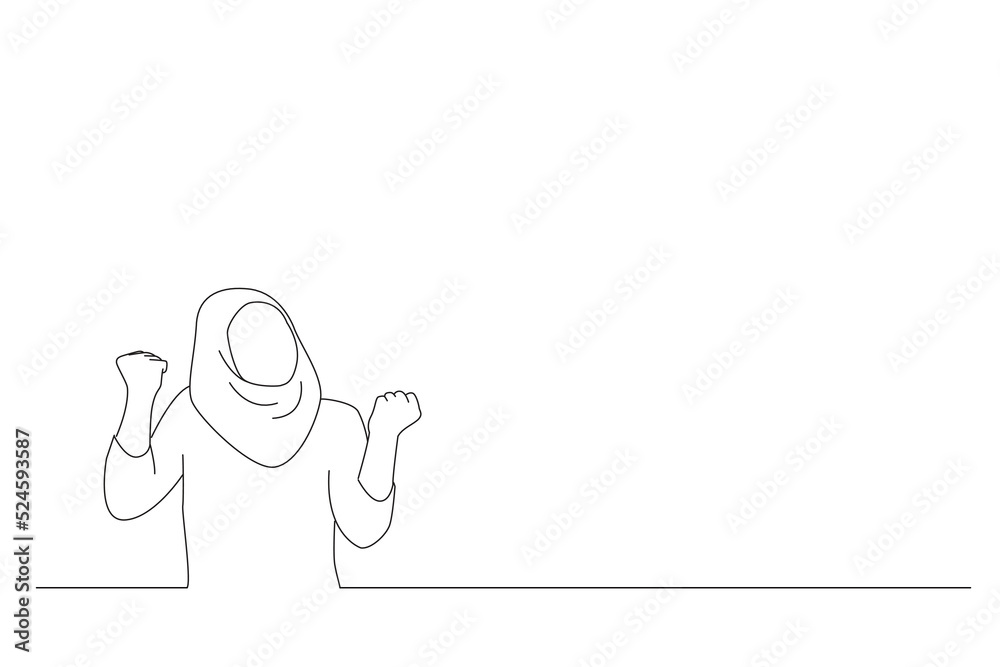Drawing of happy muslim woman make winning gesture. One line art Drawing of happy muslim woman make winning gesture. One line art