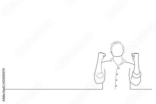 Drawing of businessman showing yoy, victory, celebration, trump and excitement clenching fists, feeling happy. Line art style