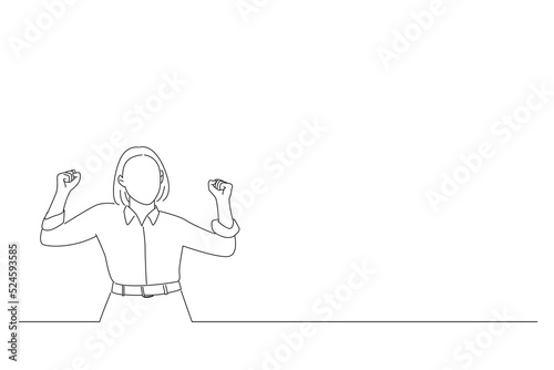 Illustration of enthusiastic asian woman rejoicing, say yes, looking happy and celebrating victory. Oneline art drawing style